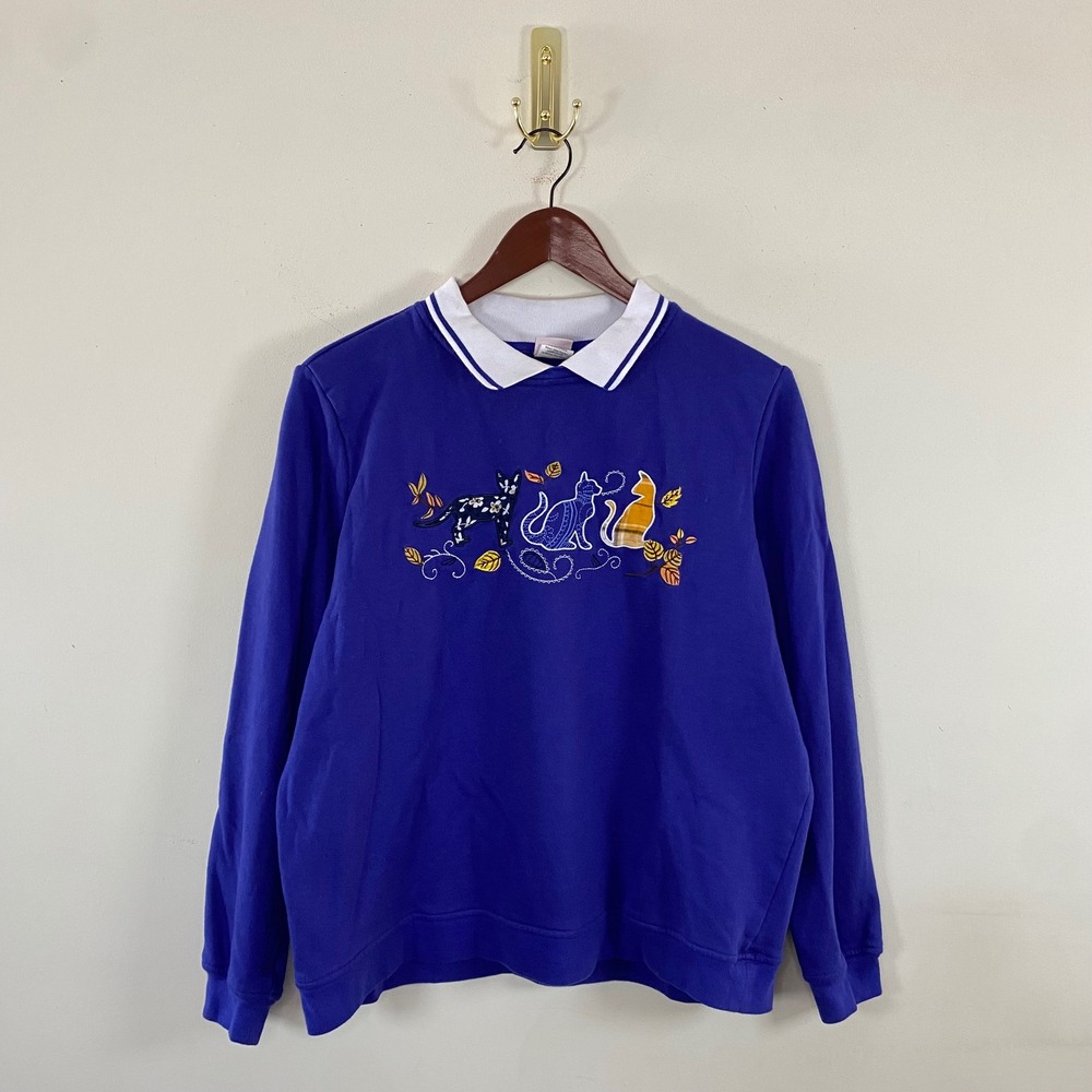 Vintage Embroidered Cat Collared Crewneck Sweatshirt Patchwork Grandmacore Large